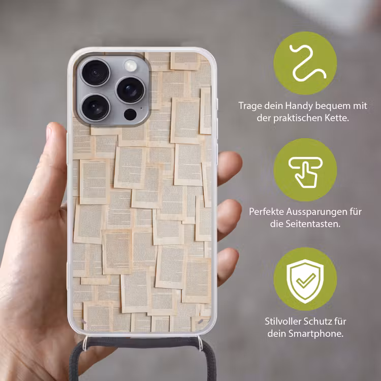 Boekpagina - Collage - Literatuur - Vintage - Beige Hoesje iPhone 16 Pro Max met koord klein -sfeer2_DE