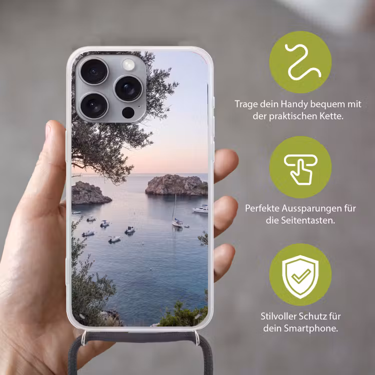 Handyhülle mit Band - Bucht – Boote – Sonnenuntergang - Baai - boten - zonsondergang Hoesje iPhone 16 Pro Max met koord klein