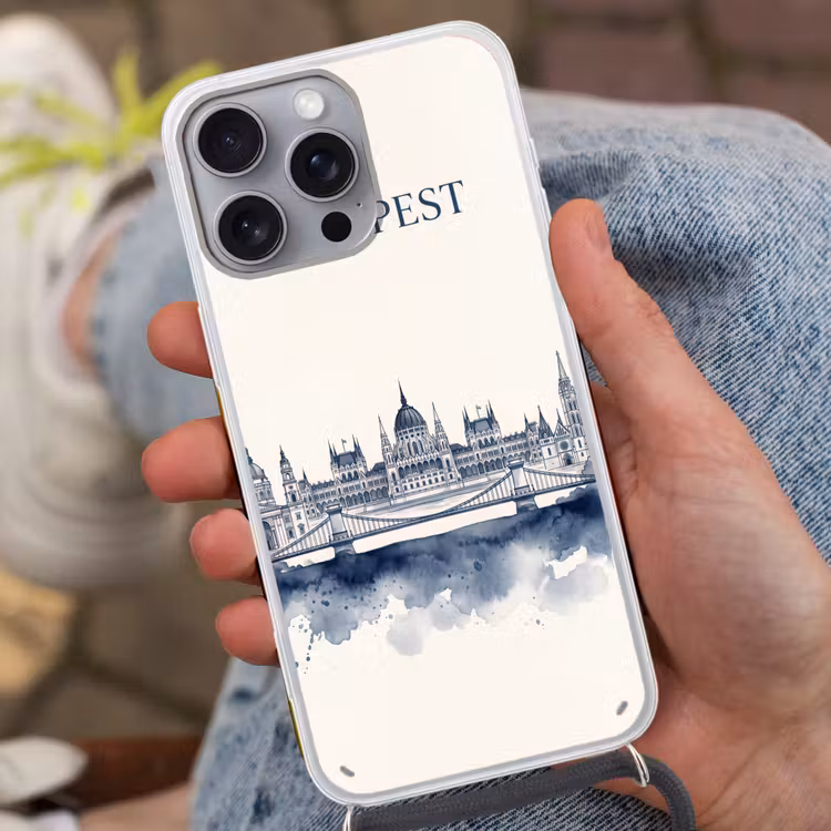 Boedapest - Skyline - Architectuur - Aquarel - Blauw Hoesje iPhone 16 Pro Max met koord klein -sfeer3