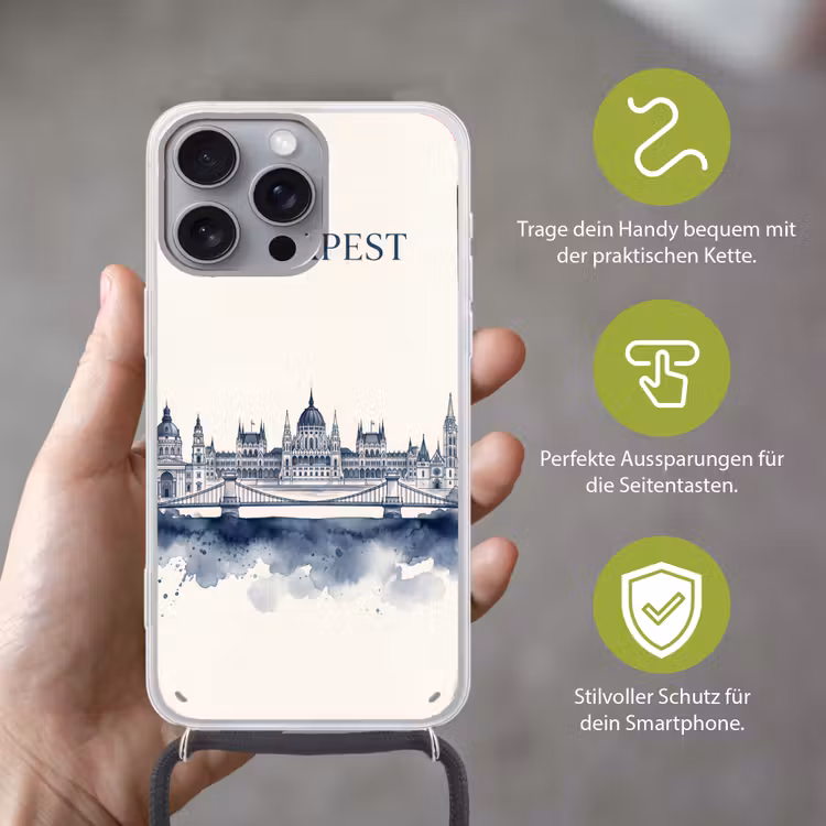 Boedapest - Skyline - Architectuur - Aquarel - Blauw Hoesje iPhone 16 Pro Max met koord klein -sfeer2_DE