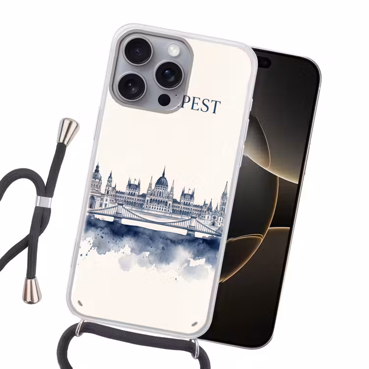 Boedapest - Skyline - Architectuur - Aquarel - Blauw Hoesje iPhone 16 Pro Max met koord klein -sfeer1