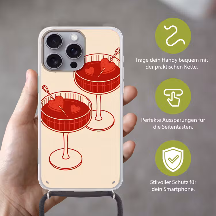 Cocktail - Hartjes - Liefde - Illustratie - Rood Hoesje iPhone 16 Pro Max met koord klein -sfeer2_DE