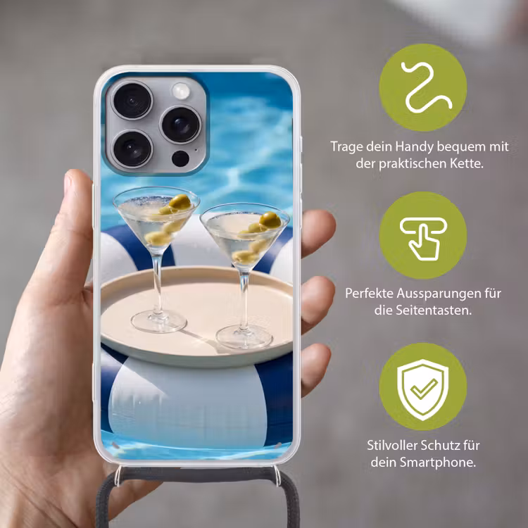 Cocktail - Zwembad - Zomer - Blauw Hoesje iPhone 16 Pro Max met koord klein -sfeer2_DE