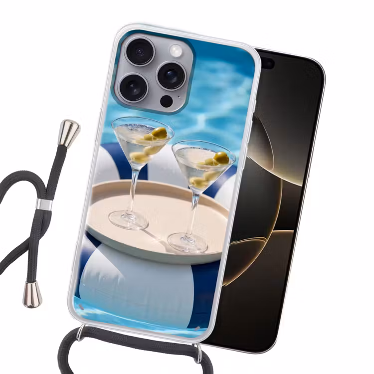 Cocktail - Zwembad - Zomer - Blauw Hoesje iPhone 16 Pro Max met koord klein -sfeer1