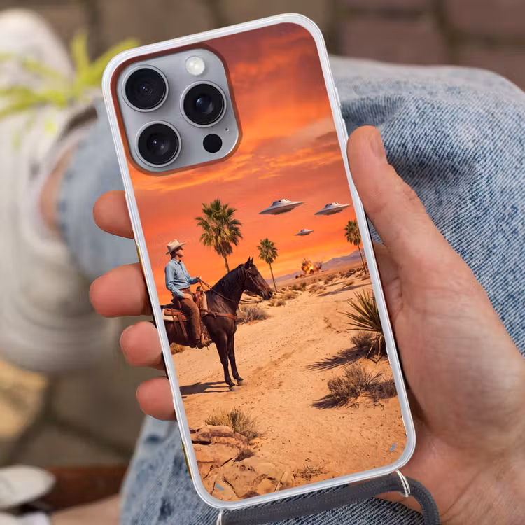 Handyhülle mit Band - Cowboy – Pferd – Wüste - Cowboy - Paard - Woestijn Hoesje iPhone 16 Pro Max met koord klein