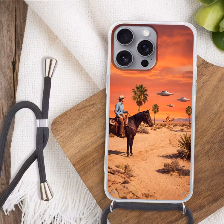 Handyhülle mit Band - Cowboy – Pferd – Wüste - Cowboy - Paard - Woestijn Hoesje iPhone 16 Pro Max met koord klein
