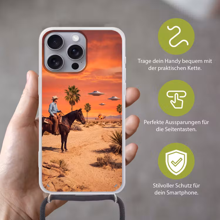 Handyhülle mit Band - Cowboy – Pferd – Wüste - Cowboy - Paard - Woestijn Hoesje iPhone 16 Pro Max met koord klein