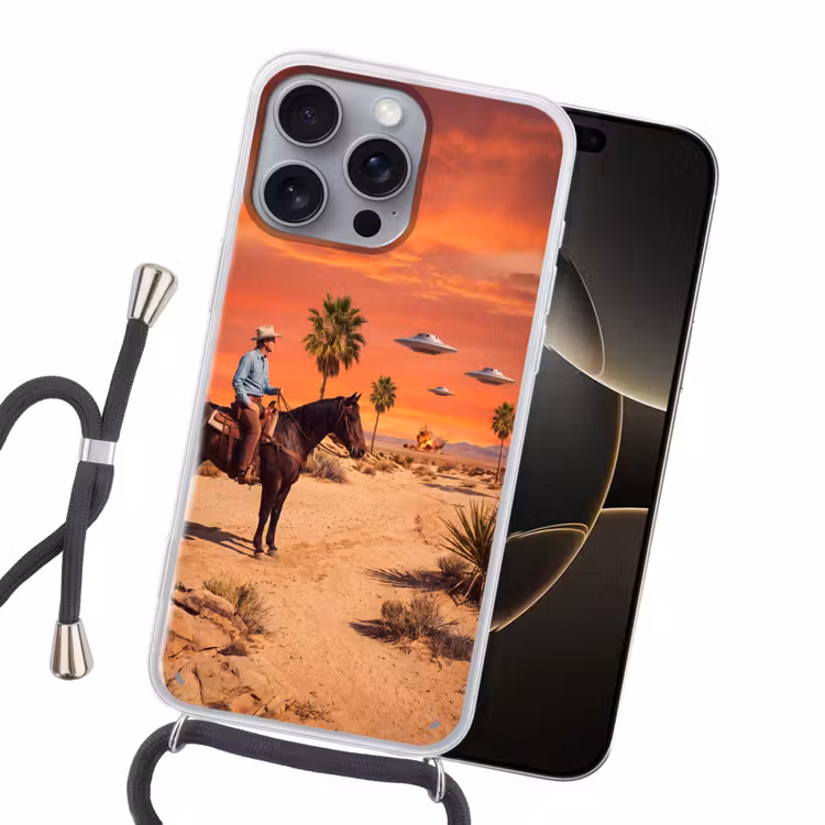 Handyhülle mit Band - Cowboy – Pferd – Wüste - Cowboy - Paard - Woestijn Hoesje iPhone 16 Pro Max met koord klein