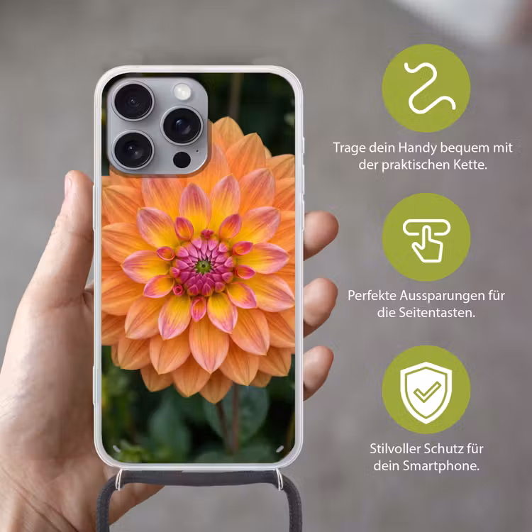 Dahlia - Bloem - Oranje Hoesje iPhone 16 Pro Max met koord klein -sfeer2_DE