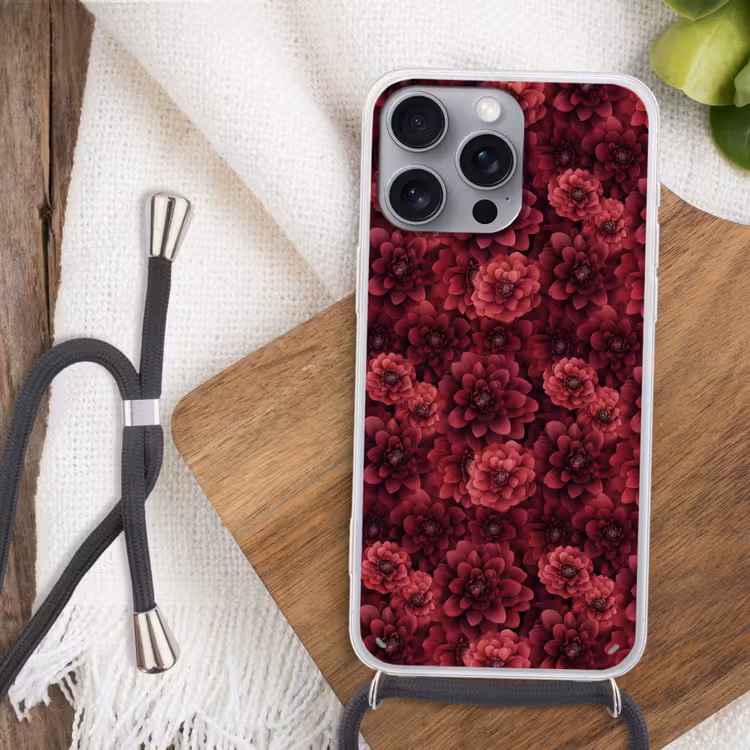 Dahlias - Bloemen - Rood Hoesje iPhone 16 Pro Max met koord klein 804 -sfeer4
