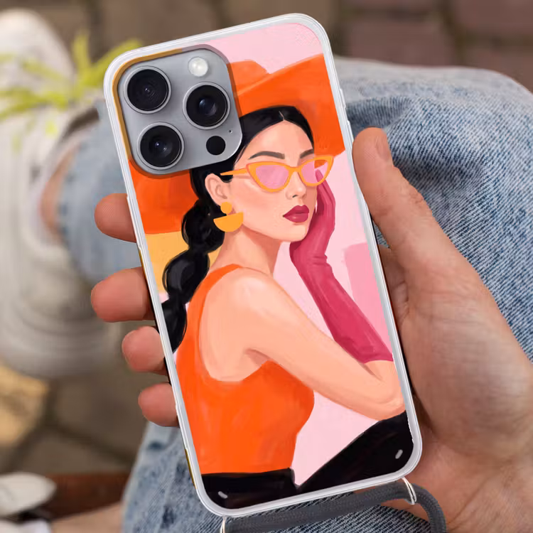 Vrouw - Hoed - Mode - Modern - Oranje Hoesje iPhone 16 Pro Max met koord klein -sfeer3