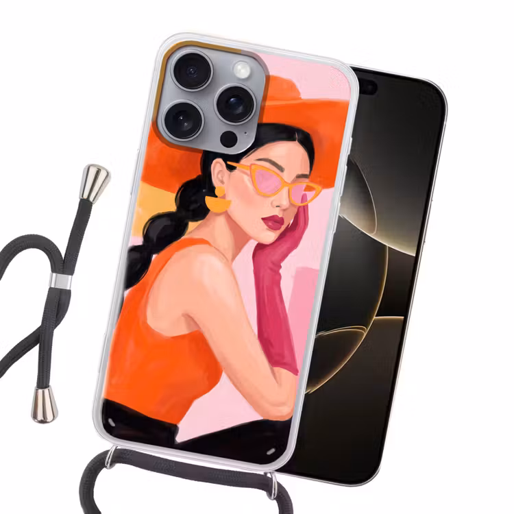 Vrouw - Hoed - Mode - Modern - Oranje Hoesje iPhone 16 Pro Max met koord klein -sfeer1