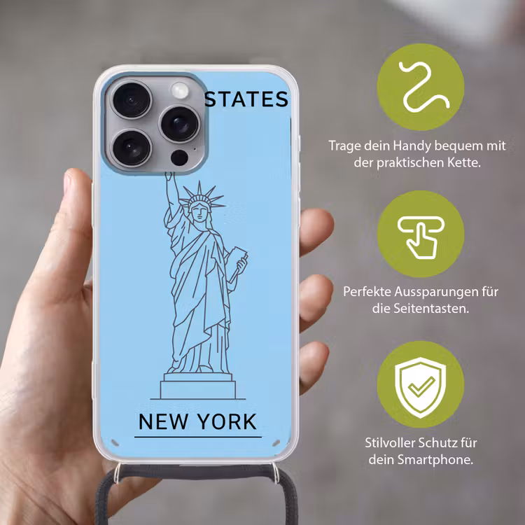 Monument - Vrijheidsbeeld - New York - Minimalistisch - Blauw Hoesje iPhone 16 Pro Max met koord klein -sfeer2_DE