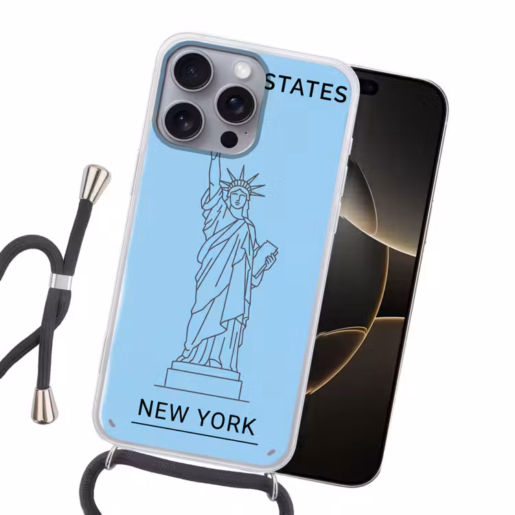Monument - Vrijheidsbeeld - New York - Minimalistisch - Blauw Hoesje iPhone 16 Pro Max met koord klein -sfeer1