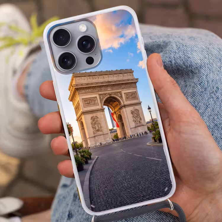 Monument - Parijs - Zonsondergang - Architectuur - Goud Hoesje iPhone 16 Pro Max met koord klein -sfeer3