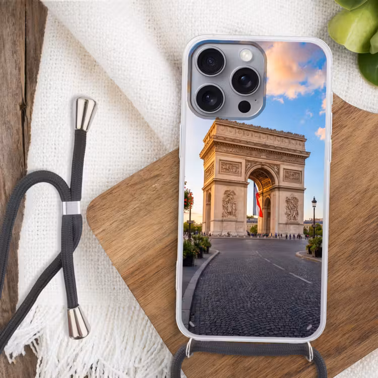 Monument - Parijs - Zonsondergang - Architectuur - Goud Hoesje iPhone 16 Pro Max met koord klein -sfeer4