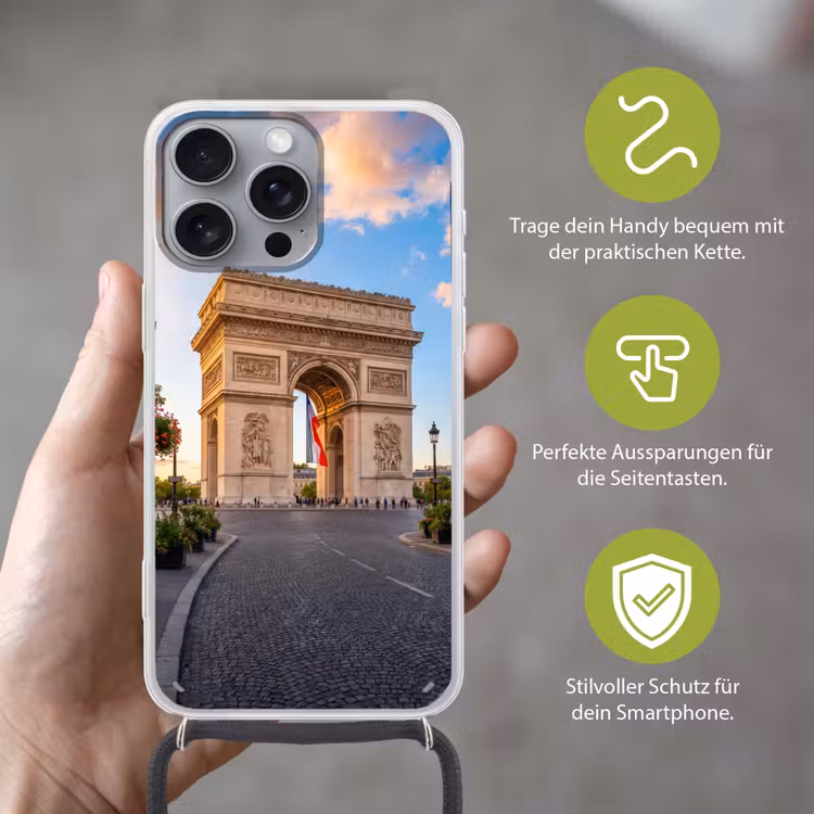 Monument - Parijs - Zonsondergang - Architectuur - Goud Hoesje iPhone 16 Pro Max met koord klein -sfeer2_DE