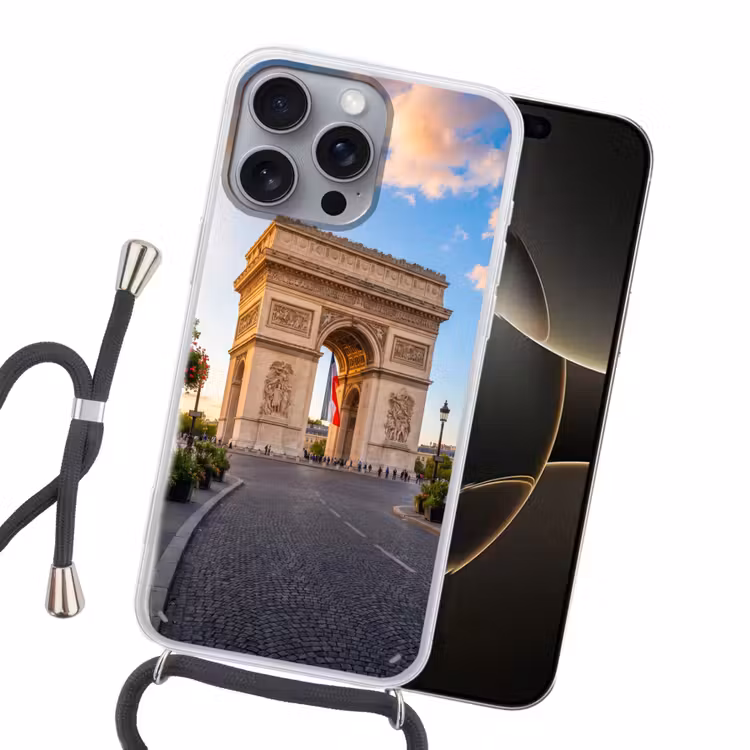 Monument - Parijs - Zonsondergang - Architectuur - Goud Hoesje iPhone 16 Pro Max met koord klein -sfeer1