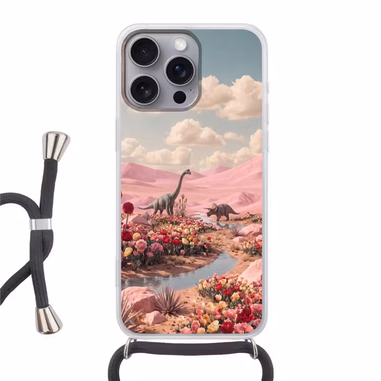 Handyhülle mit Band - Dinosaurier – Rosa – Landschaft - Dinosaurus - Roze - Landschap Hoesje iPhone 16 Pro Max met koord klein