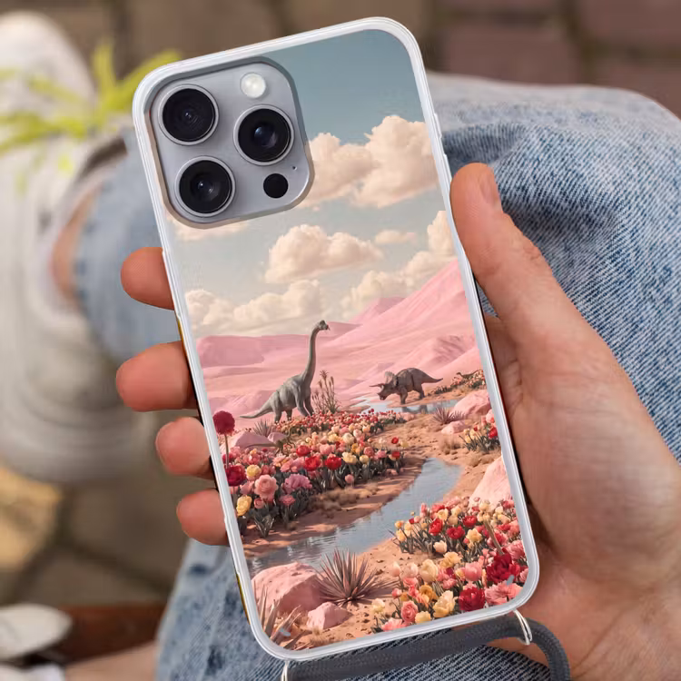 Handyhülle mit Band - Dinosaurier – Rosa – Landschaft - Dinosaurus - Roze - Landschap Hoesje iPhone 16 Pro Max met koord klein