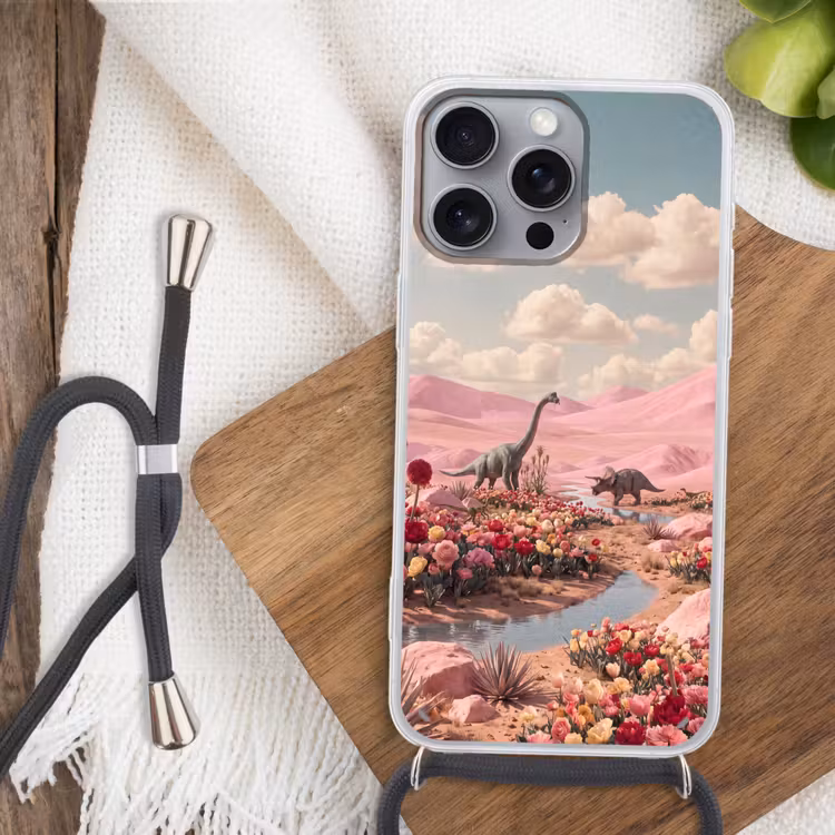Handyhülle mit Band - Dinosaurier – Rosa – Landschaft - Dinosaurus - Roze - Landschap Hoesje iPhone 16 Pro Max met koord klein
