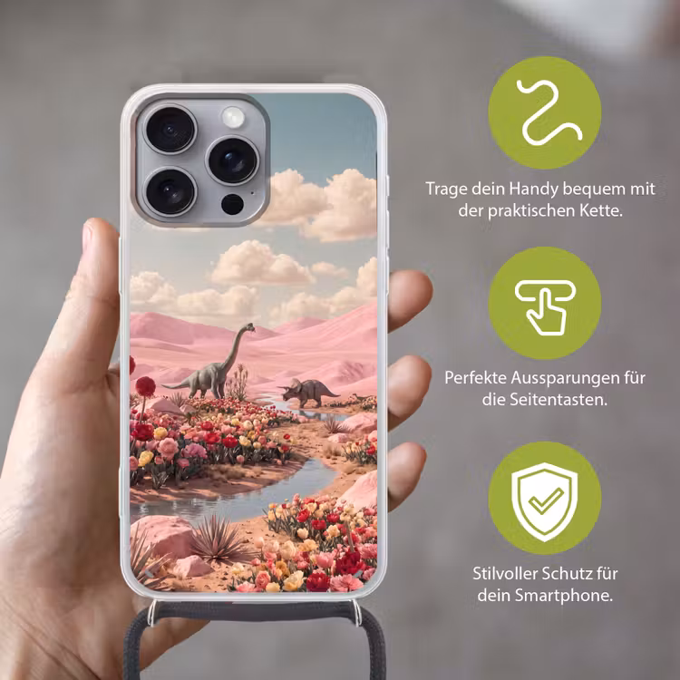 Handyhülle mit Band - Dinosaurier – Rosa – Landschaft - Dinosaurus - Roze - Landschap Hoesje iPhone 16 Pro Max met koord klein