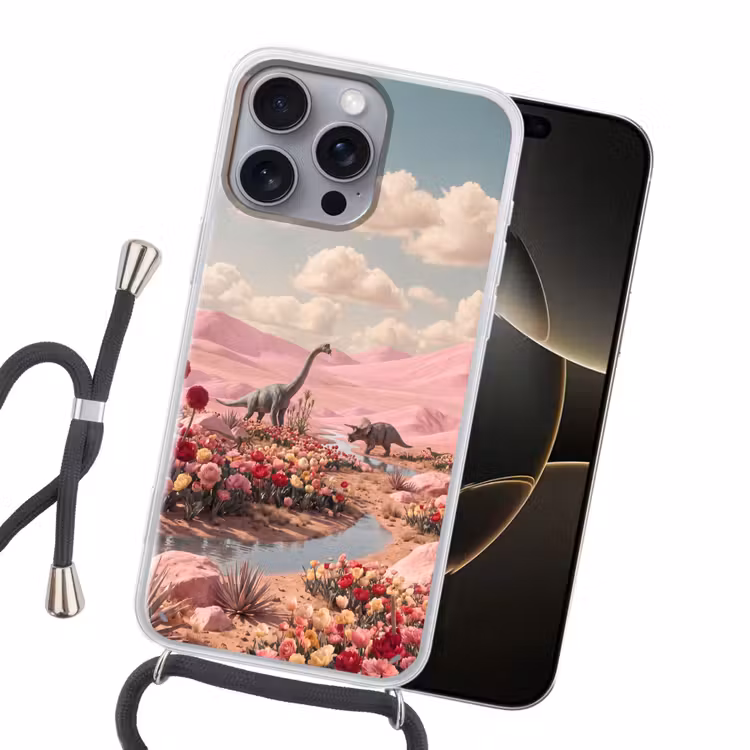 Handyhülle mit Band - Dinosaurier – Rosa – Landschaft - Dinosaurus - Roze - Landschap Hoesje iPhone 16 Pro Max met koord klein