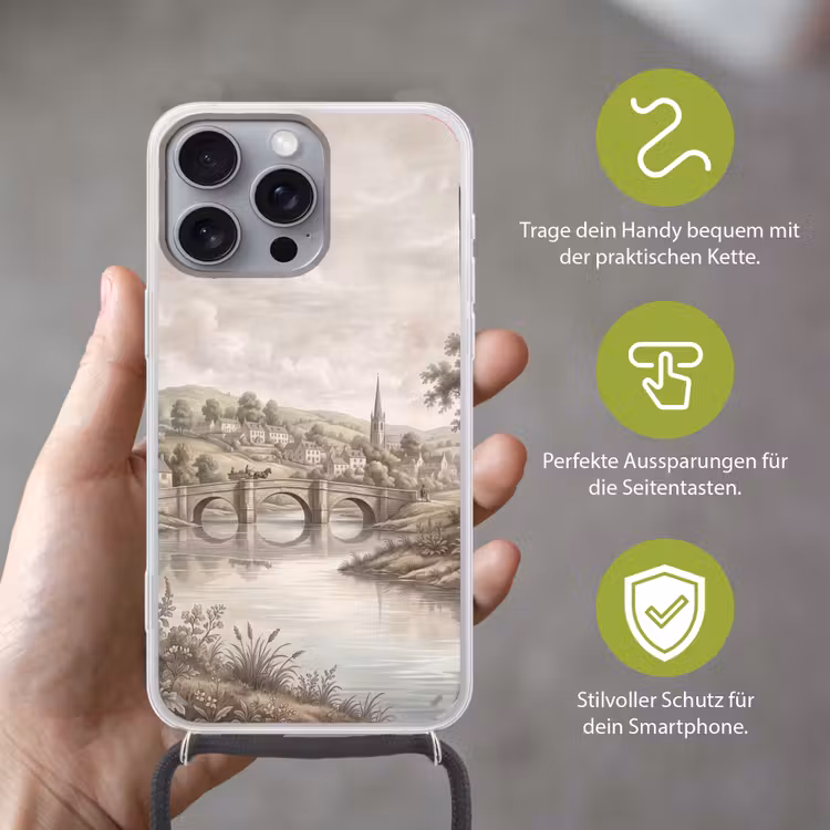 Dorp - Brug - Uitzicht - Groen Hoesje iPhone 16 Pro Max met koord klein -sfeer2_DE