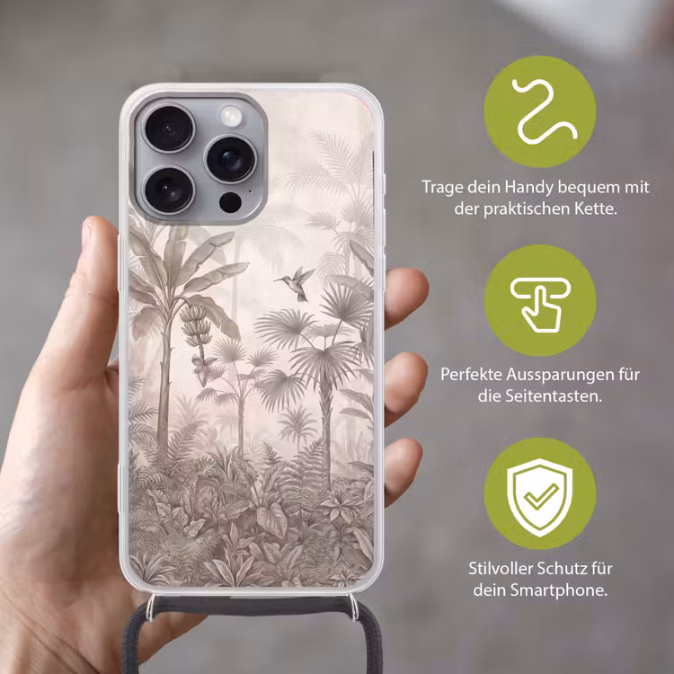 Jungle - Banenboom - Kolibrie - Beige Hoesje iPhone 16 Pro Max met koord klein -sfeer2_DE