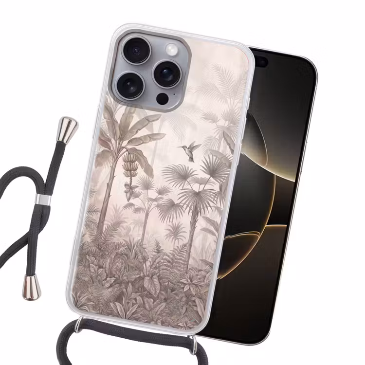 Jungle - Banenboom - Kolibrie - Beige Hoesje iPhone 16 Pro Max met koord klein -sfeer1
