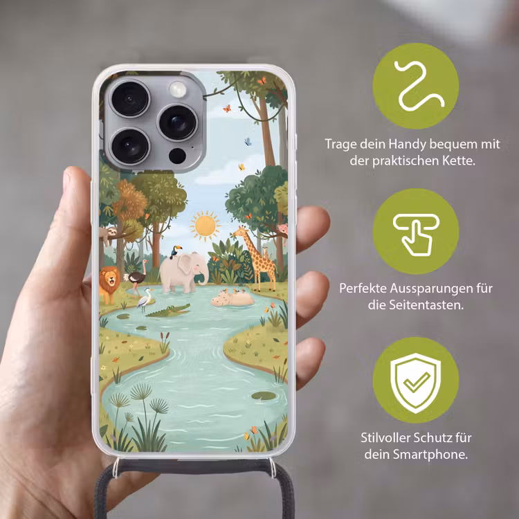 Jungle - Oase - Dieren - Kleurrijk Hoesje iPhone 16 Pro Max met koord klein -sfeer2_DE