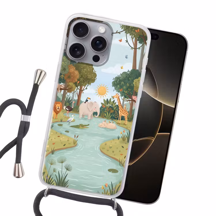 Jungle - Oase - Dieren - Kleurrijk Hoesje iPhone 16 Pro Max met koord klein -sfeer1