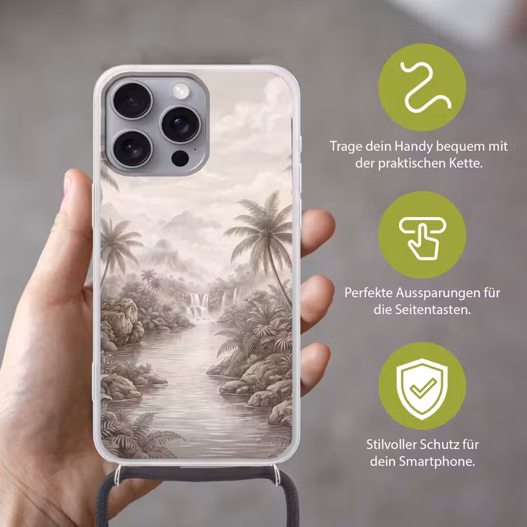 Jungle - Watervallen - Tropisch - Illustratie Hoesje iPhone 16 Pro Max met koord klein -sfeer2_DE