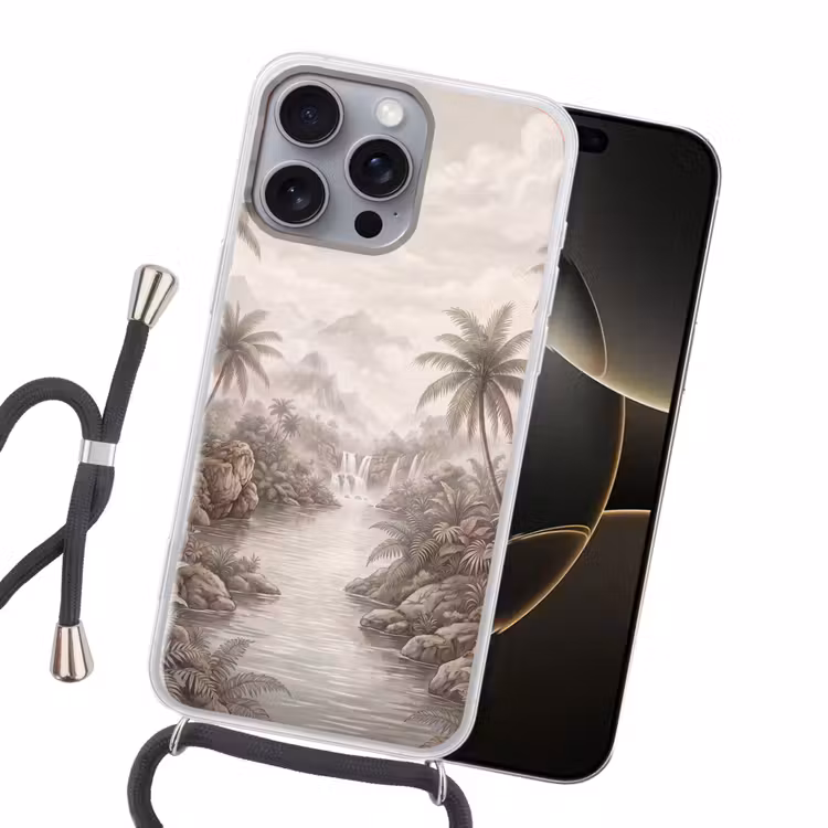 Jungle - Watervallen - Tropisch - Illustratie Hoesje iPhone 16 Pro Max met koord klein -sfeer1