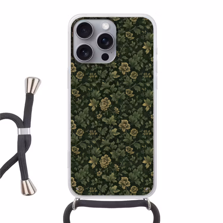 Donker - Groen - Goud - Botanisch Hoesje iPhone 16 Pro Max met koord klein 804 -3d