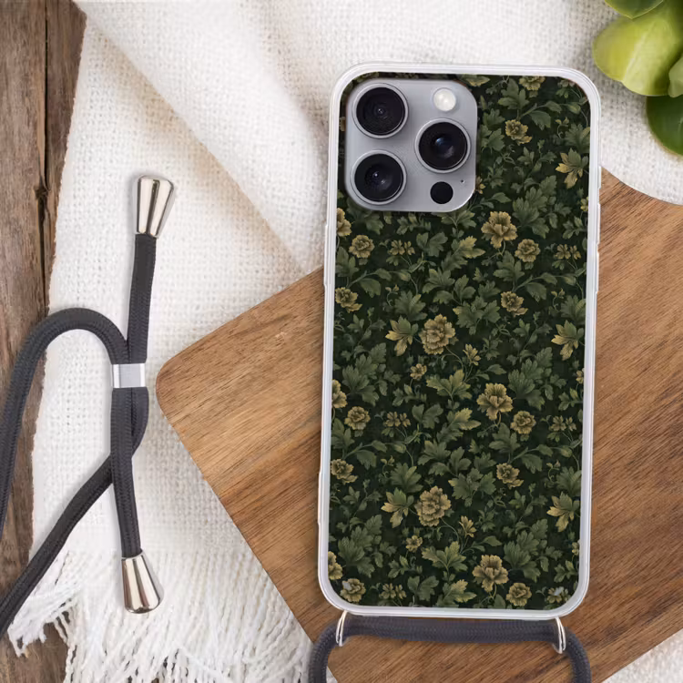 Donker - Groen - Goud - Botanisch Hoesje iPhone 16 Pro Max met koord klein 804 -sfeer4