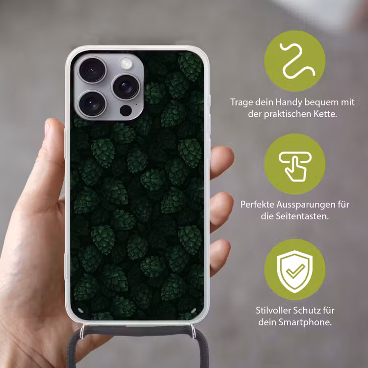 Donker - Groen - Hopbellen - Botanisch - Illustratie Hoesje iPhone 16 Pro Max met koord klein 804 -sfeer2_DE