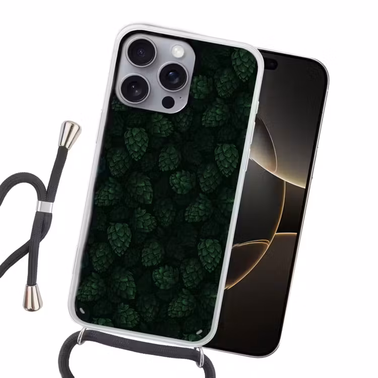 Donker - Groen - Hopbellen - Botanisch - Illustratie Hoesje iPhone 16 Pro Max met koord klein 804 -sfeer1