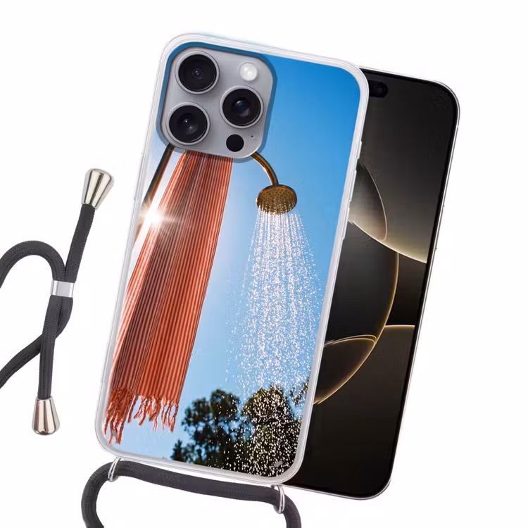 Douche - Water - Zomer - Blauw Hoesje iPhone 16 Pro Max met koord klein -sfeer1