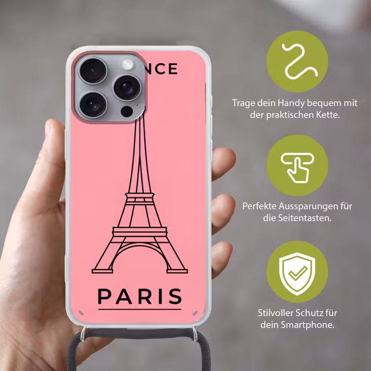 Eiffeltoren - Parijs - Architectuur - Minimalistisch - Roze Hoesje iPhone 16 Pro Max met koord klein -sfeer2_DE