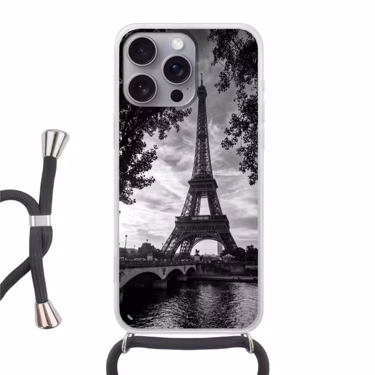 Eiffeltoren - Parijs - Rivier - Architectuur - Zwart-wit Hoesje iPhone 16 Pro Max met koord klein -3d
