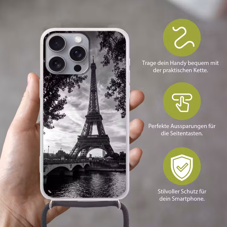 Eiffeltoren - Parijs - Rivier - Architectuur - Zwart-wit Hoesje iPhone 16 Pro Max met koord klein -sfeer2_DE