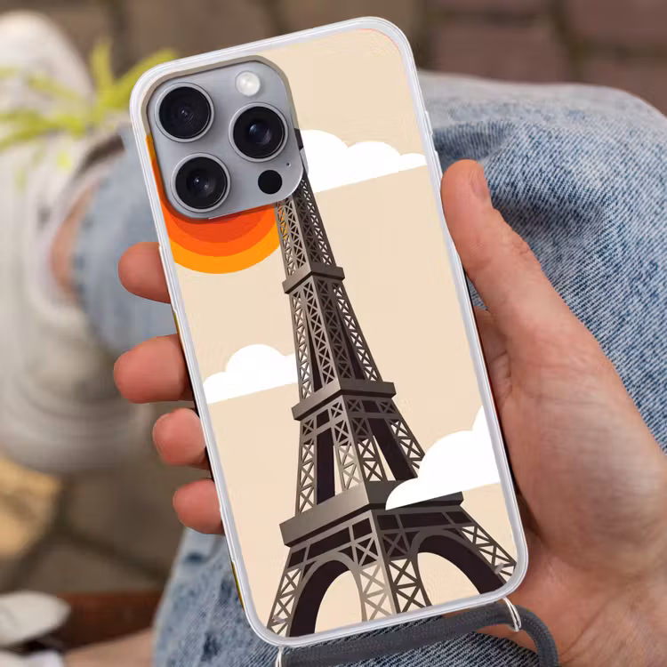 Eiffeltoren - Zon - Architectuur - Abstract - Beige Hoesje iPhone 16 Pro Max met koord klein -sfeer3