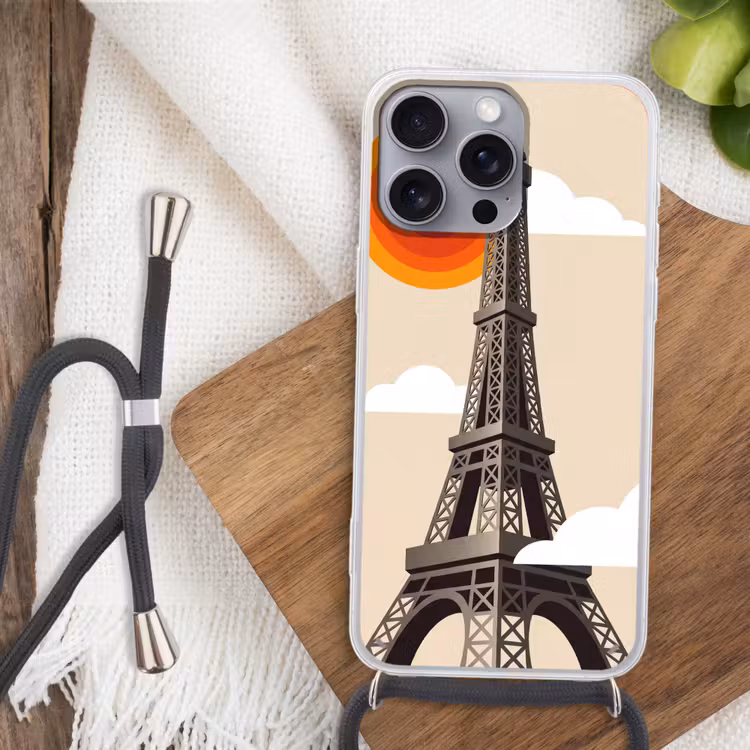 Eiffeltoren - Zon - Architectuur - Abstract - Beige Hoesje iPhone 16 Pro Max met koord klein -sfeer4