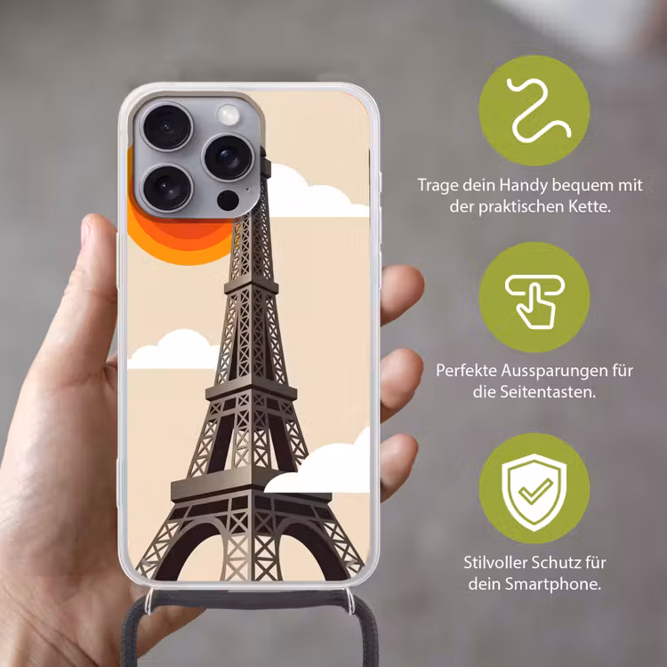 Eiffeltoren - Zon - Architectuur - Abstract - Beige Hoesje iPhone 16 Pro Max met koord klein -sfeer2_DE