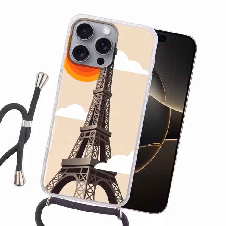 Eiffeltoren - Zon - Architectuur - Abstract - Beige Hoesje iPhone 16 Pro Max met koord klein -sfeer1