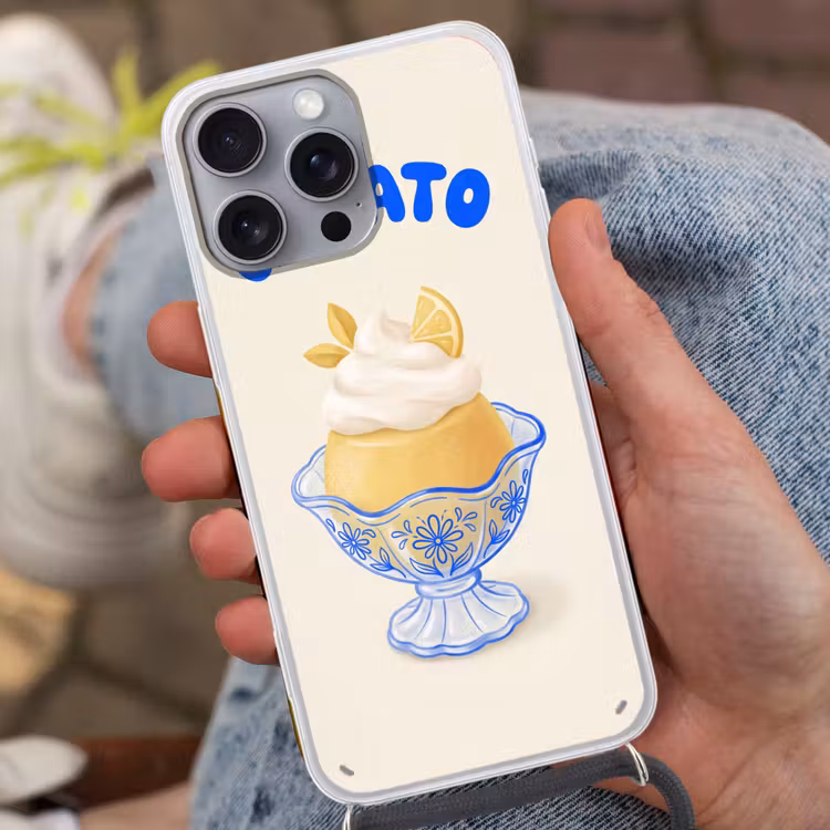 IJs - Citroen - Illustratie - Geel - Dessert Hoesje iPhone 16 Pro Max met koord klein -sfeer3