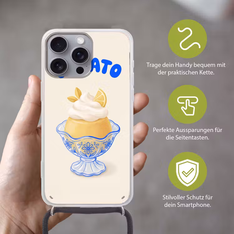 IJs - Citroen - Illustratie - Geel - Dessert Hoesje iPhone 16 Pro Max met koord klein -sfeer2_DE