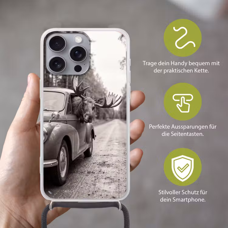 Eland - Auto - Gewei - Zwart - Wit Hoesje iPhone 16 Pro Max met koord klein -sfeer2_DE