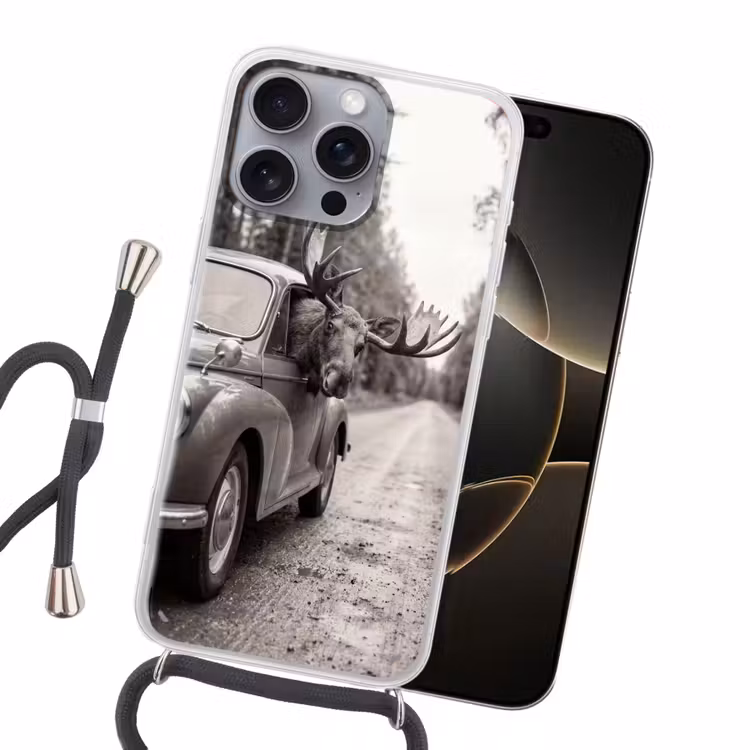 Eland - Auto - Gewei - Zwart - Wit Hoesje iPhone 16 Pro Max met koord klein -sfeer1